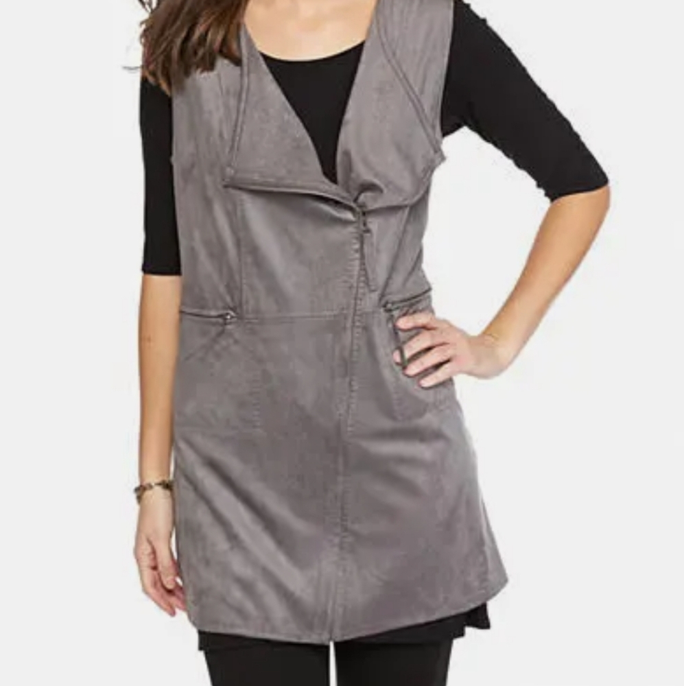 Sophie Max Studio Grey Luxe Faux Suede Zip Vest Tunic Mini Dress Size S Stretch